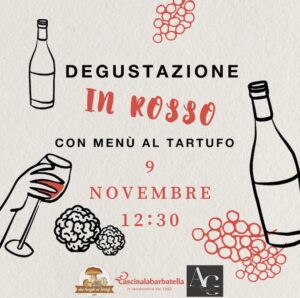 grafica con testo e immagini per una degustazione di vini e tartufi. Fonfo corda neutro accoglie icone di bottiglie e bicchieri, tartufi e grappoli d'uva che incorniciano il testo: degustazione in rosso con menu al tartufo. 9 novembre ore 12.30