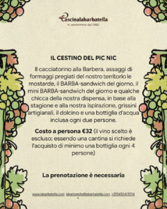 La locandina dell'evento pic nic in vigna di settembre 2026, il contenuto del cestino